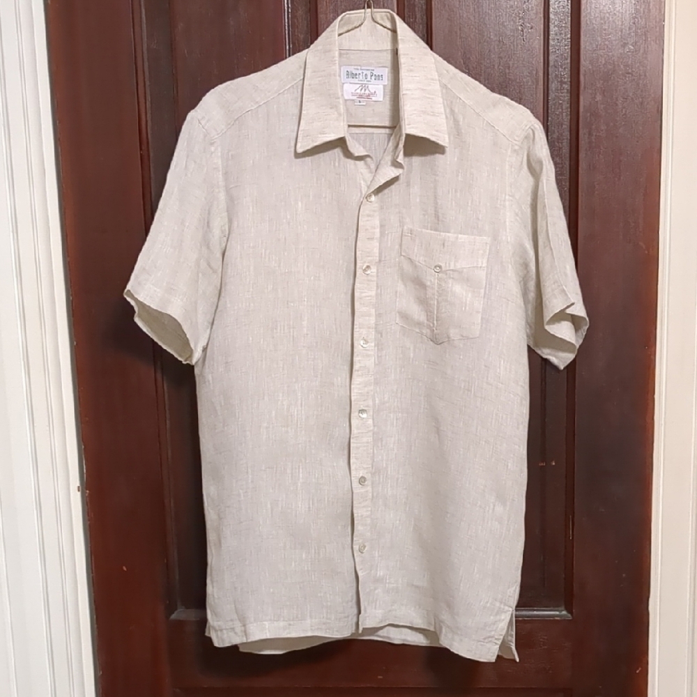 Men's Beige Short Sleeve Button-Down Shirt